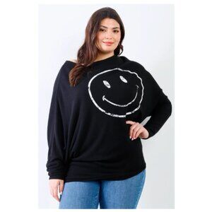 Plus Smile Front Print Flannel Dolman Long Sleeve Top Size 1XL Black
